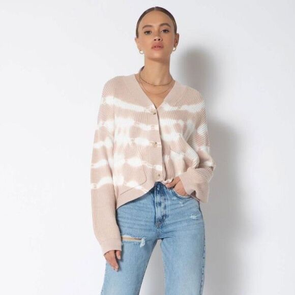 NWT Sandy Soft Rib Knit Tie Dye Stripe V Neck Long Sleeve Drop Shoulder Cardigan - Picture 1 of 6